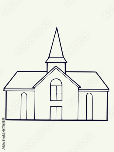 Simple line drawing of a church building with a steeple and arched windows on a white background