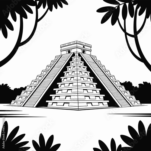 Ancient mayan pyramid temple in jungle surrounded by lush foliage