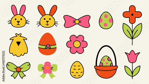 Charming hand drawn easter collection featuring a whimsical bunny and festive decorative elements for seasonal celebrations