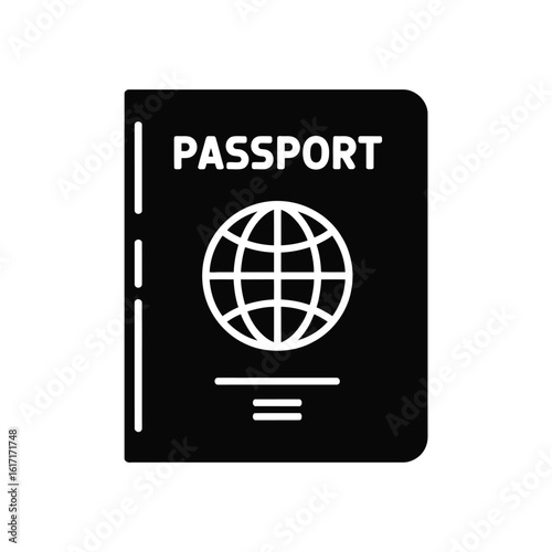 Black and white icon of a passport with a globe symbol