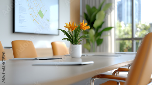 Business meeting setup modern office interior design bright environment close-up view professional atmosphere