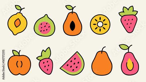 Contemporary abstract fruit art collection featuring bold geometric shapes and vibrant color blocking in a modern graphic design style for print