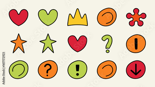 Artistic collection of hand drawn romantic symbols featuring hearts and regal crowns in a vibrant color palette
