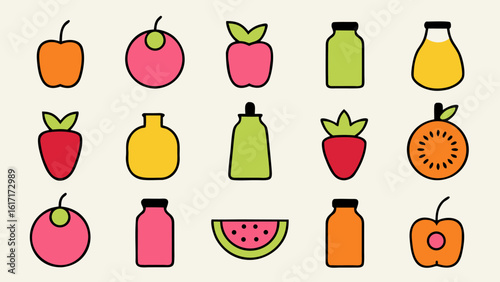 Vibrant collection of assorted fruit themed beverage containers and bottles showcasing a spectrum of colors and refreshing designs for branding and packaging