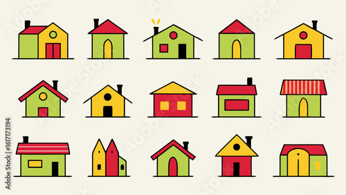 Diverse assortment of brightly colored residential building graphics for design projects and visual communication needs