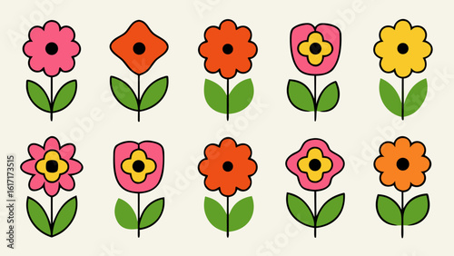 Charming hand drawn floral elements in a playful childlike crayon style with vibrant colors perfect for whimsical designs and creative projects