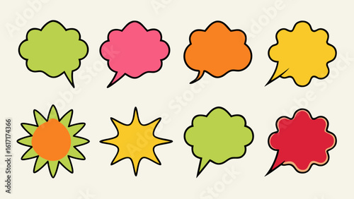 Playful collection of brightly colored childlike speech bubbles and whimsical doodle icons for creative communication and design projects