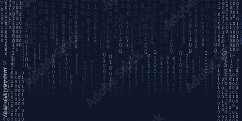 Blue binary code background with falling zeros and ones. Digital data, cybersecurity, tech concept.