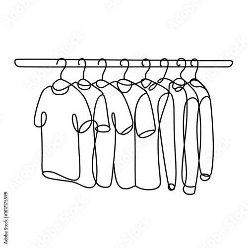 Minimalist continuous line drawing of t shirts and long sleeve shirts on a clothes rack