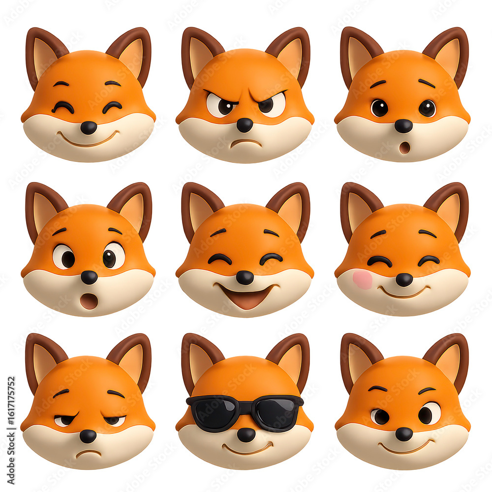 Fototapeta premium Fox face icons collection. Fox Emoji Set: Diverse Expressions in Cartoon Style