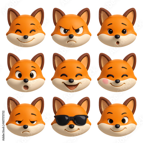 Fox face icons collection. Fox Emoji Set: Diverse Expressions in Cartoon Style