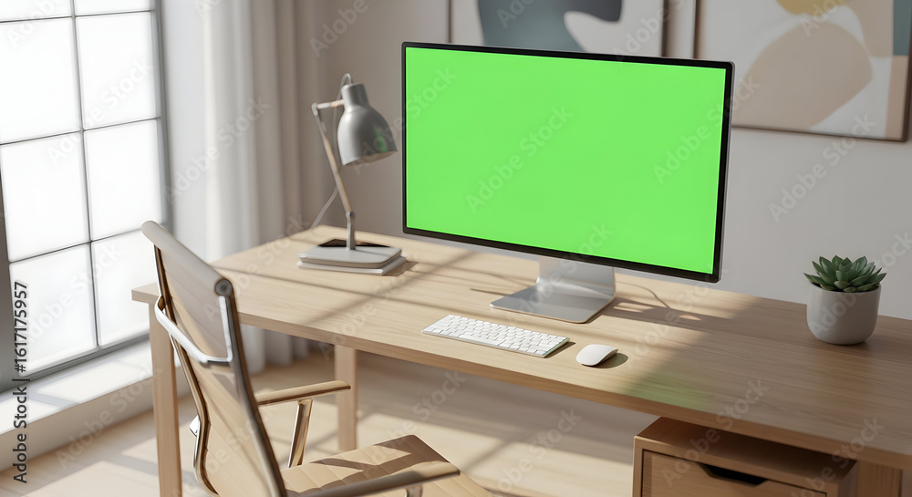 Fototapeta premium Modern computer with green screen on desk at home office