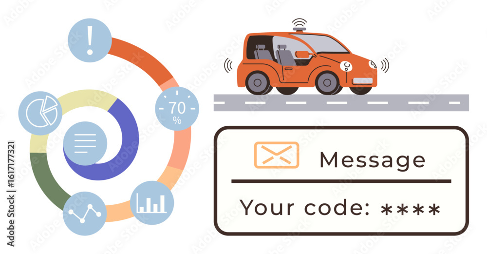 Naklejka premium Self-driving car on road, circular data infographic, and secure code message. Ideal for automotive technology, data analytics, security, communication, automation innovation transportation. Simple