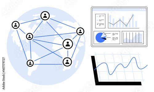 Connected people icons mapped globally, analytics dashboard with reports, line graph. Ideal for networking, collaboration, communication, data analysis, global connection, teamwork simple landing