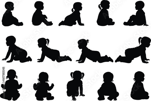 Collection of silhouettes of babies and toddlers in various poses showing development and playful activities