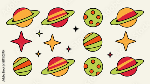 Charming hand drawn celestial bodies and cosmic travelers collection featuring planets and comets rendered in a vibrant colorful crayon art style