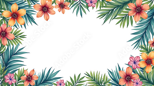 Tropical paradise frame featuring vibrant flowers and lush palm leaves illustration