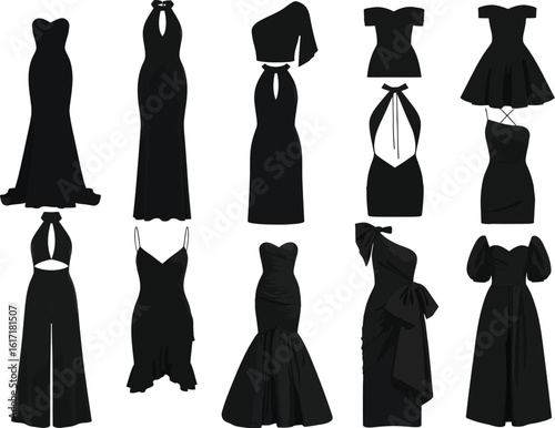 Collection of elegant black evening gowns and formal wear for special occasions and fashion shoots