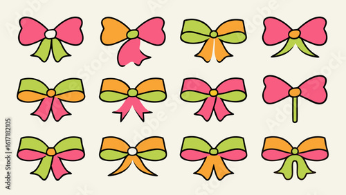 Charming hand drawn ribbons and decorative bows presented in a playful crayon like artistic style perfect for festive or creative projects