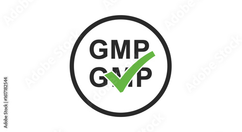 GMP certification logo, green checkmark, quality assurance, manufacturing, standards.