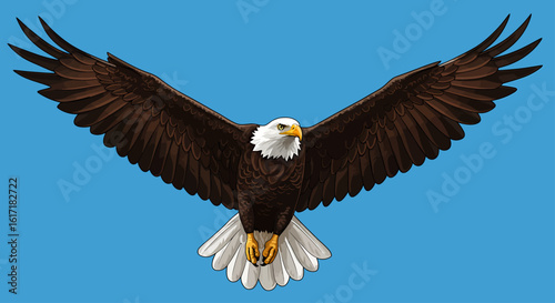 Majestic bald eagle in flight, wings outstretched against a clear blue sky.