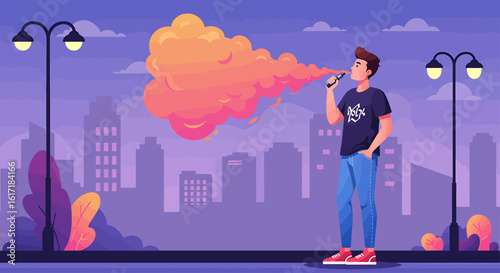 A young man exhales a large cloud of vapor from an e-cigarette in a stylized city park setting at dusk, with streetlights and buildings in the background.