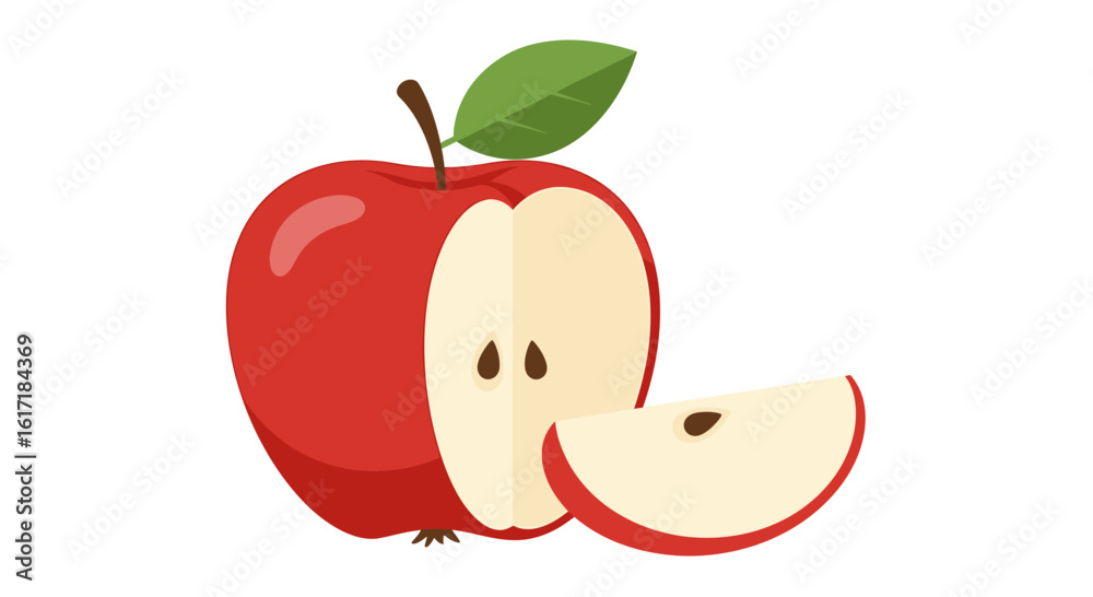Obraz premium A whole and sliced red apple, with a stem and leaves, against a plain white background.