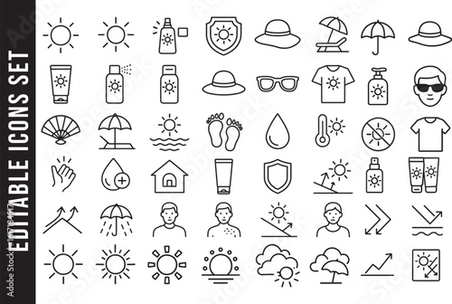 Editable Line Art Icon Set for Sun Protection, UV, and Sun Safety