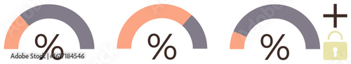 Three semicircular progress gauges with percentage signs, varying completion levels, and a lock icon. Ideal for progress tracking, goal setting, data analysis, security features, infographics, user