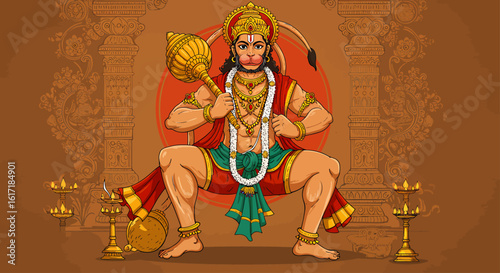 Wallpaper Mural A powerful Hindu deity, Hanuman, seated in a regal pose, holding a mace, surrounded by decorative elements. Torontodigital.ca