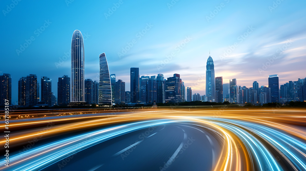 Fototapeta premium Dynamic nighttime cityscape urban skyline photography modern environment wide angle vibrant light trails for seo impact