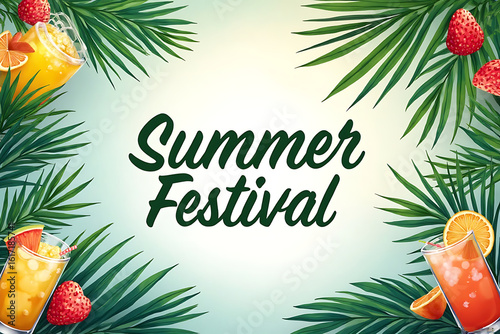 Refreshing Summer Festival Design with Tropical Leaves and Colorful Cocktails