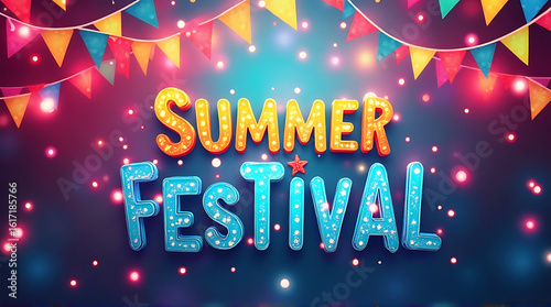 Vibrant Summer Festival Banner with Festive Flags and Sparkling Lights