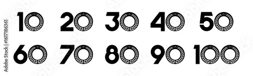 Set of collection numbers 10 to 100 with laurel wreath vector illustration. Laurel wreath with numbers 10, 20, 30, 40, 50, 60, 70, 80, 90, 100 for greetings, anniversary, discounts and more.
