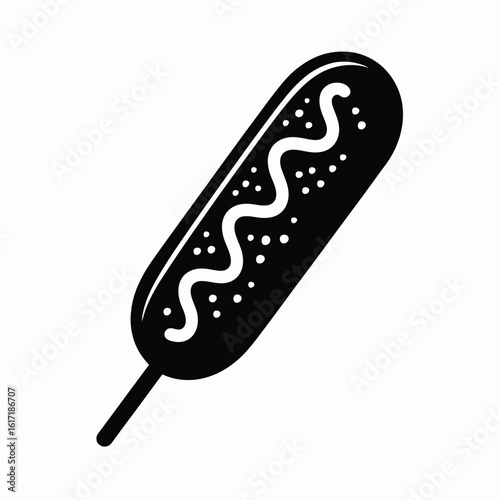 Black and white illustration of a corn dog with mustard drizzle