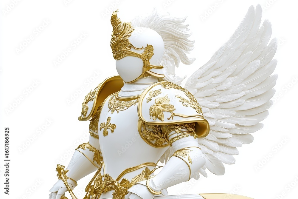 Obraz premium Ornate white armor with golden details and angel wings.