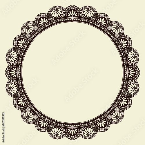 Circular floral frame with intricate petal designs and scalloped edges on a light beige background art