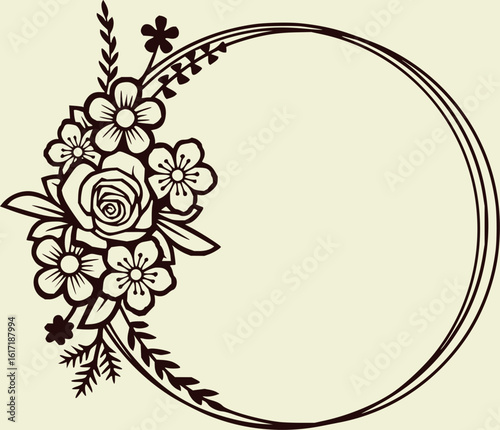 Floral arrangement with a rose and several other flowers inside a triple line circle frame design element