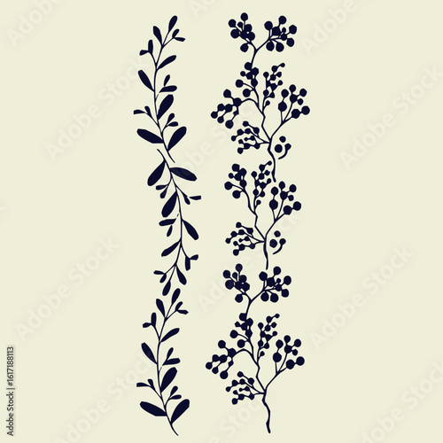Illustration of two vertical botanical arrangements with leaves and berries on a light background