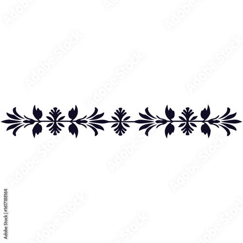 Floral horizontal divider with symmetrical leaf and flower pattern in dark color isolated on white background