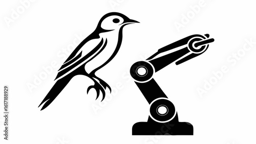 Illustration of a bird with detailed feathers next to a robotic arm in black and white monochrome design silhouette