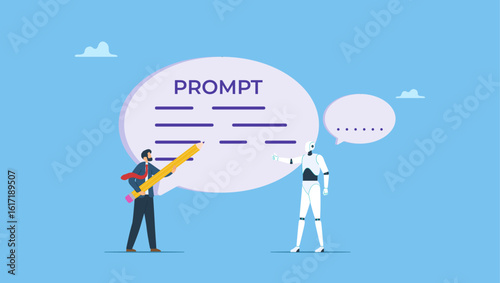 Businessman prompt-engineer writing a prompt. Creating content using a generative AI model, concept of artificial intelligence in business, artificial intelligence development copy.