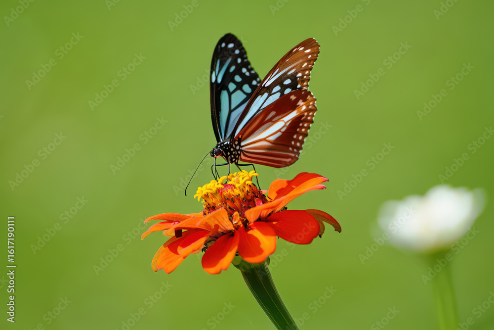 Naklejka premium Striking Blue and Brown Butterfly Perched on a Vibrant Orange Zinnia Flower, Showcasing the Beauty of Nature's Colorful Interplay in Detail