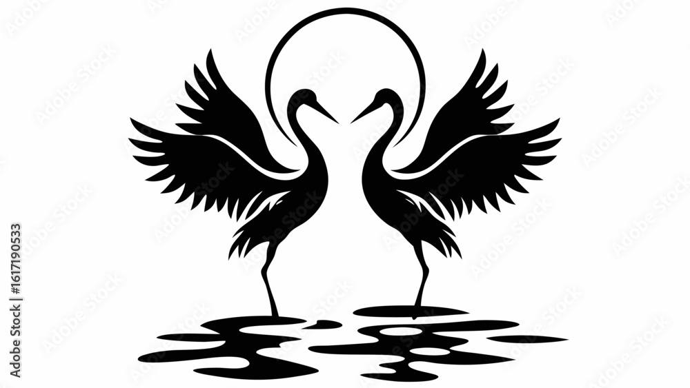 Fototapeta premium Two black cranes facing each other with wings spread standing in water under a circular halo design silhouette