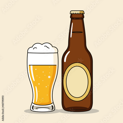 Classic Beer Bottle and Glass Flat-style Vector illustration