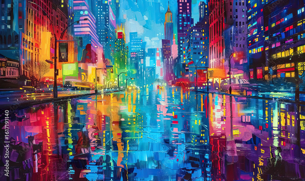 Obraz premium Vibrant Cityscape Reflection Painting.Generate AI