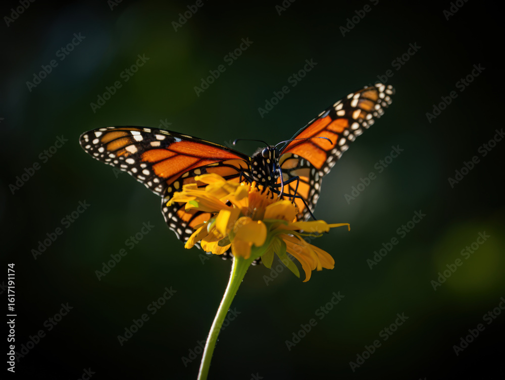 Obraz premium Monarch Butterfly Delight A Close Up View of a Monarch Butterfly Sipping Nectar from a Yellow Flower in a Natural Outdoor Setting with Soft Lighting