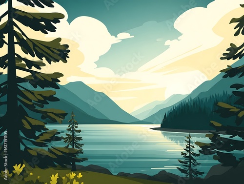 Fototapeta Naklejka Na Ścianę i Meble -  Serene lake and mountains landscape scenery