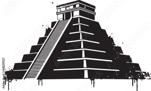 Stylized Mayan Pyramid Icon with Ink Splatter Effect on White Ba
