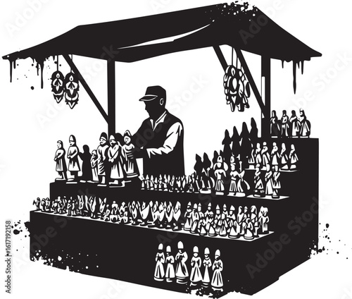 Monochrome illustration of a market vendor arranging traditional